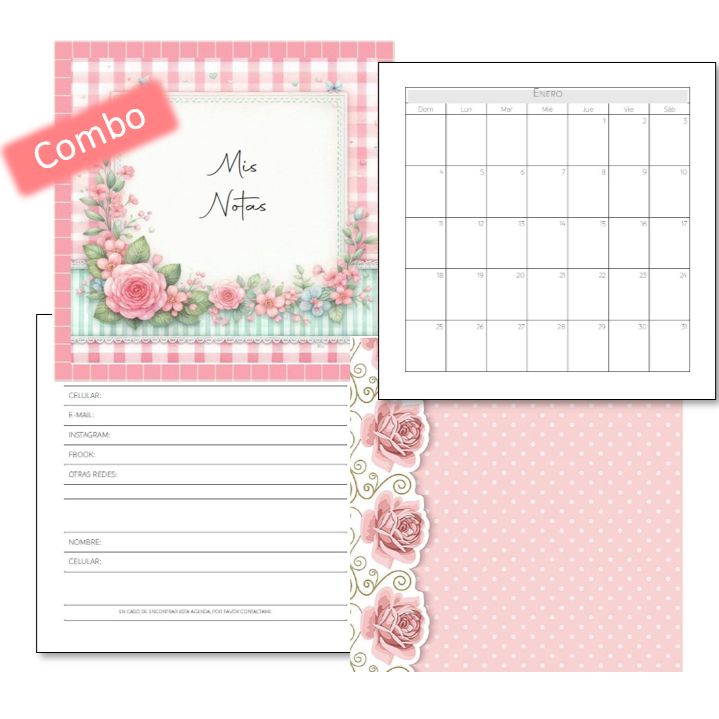 Combo Cuaderno Notas Rosas Rosas 18x18 2026 + TAPAS (Para anillar)